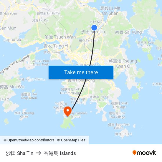 沙田 Sha Tin to 香港島 Islands map