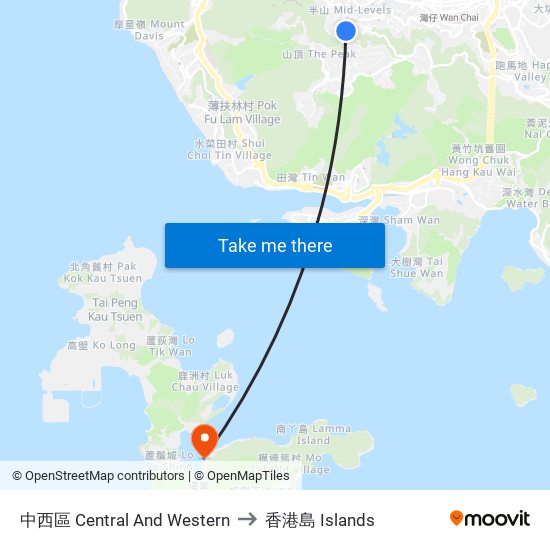 中西區 Central And Western to 香港島 Islands map