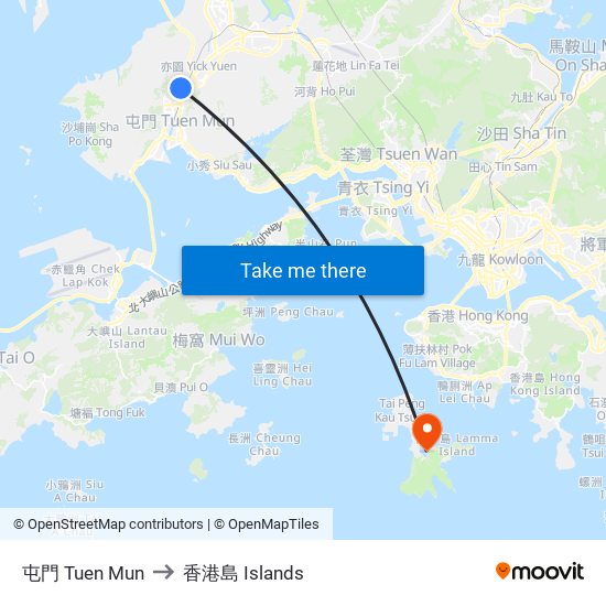 屯門 Tuen Mun to 香港島 Islands map