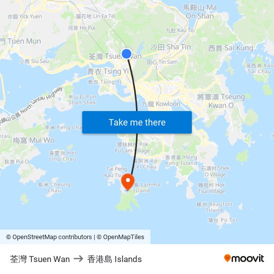 荃灣 Tsuen Wan to 香港島 Islands map