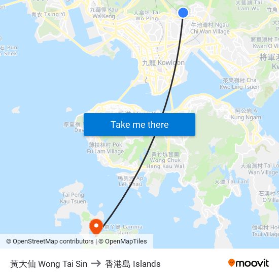 黃大仙 Wong Tai Sin to 香港島 Islands map