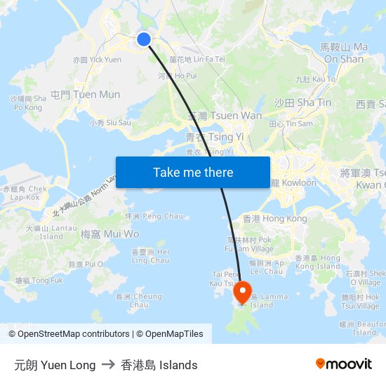 元朗 Yuen Long to 香港島 Islands map