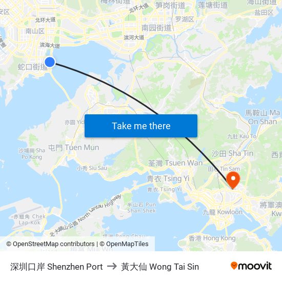 深圳口岸 Shenzhen Port to 黃大仙 Wong Tai Sin map