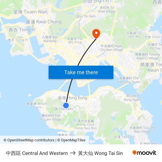 中西區 Central And Western to 黃大仙 Wong Tai Sin map