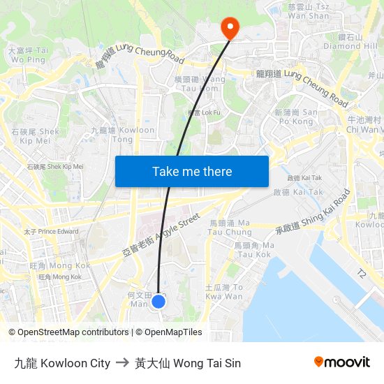 九龍 Kowloon City to 黃大仙 Wong Tai Sin map