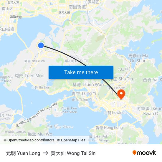 元朗 Yuen Long to 黃大仙 Wong Tai Sin map