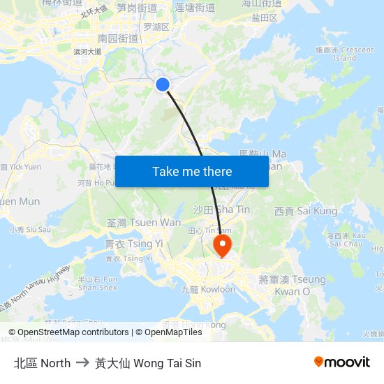 北區 North to 黃大仙 Wong Tai Sin map
