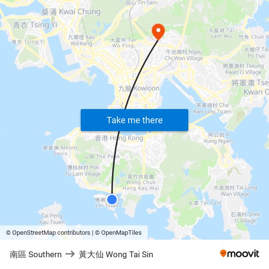 南區 Southern to 黃大仙 Wong Tai Sin map