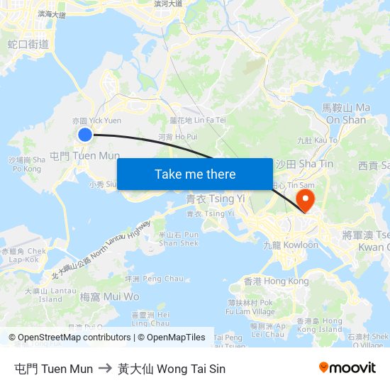 屯門 Tuen Mun to 黃大仙 Wong Tai Sin map