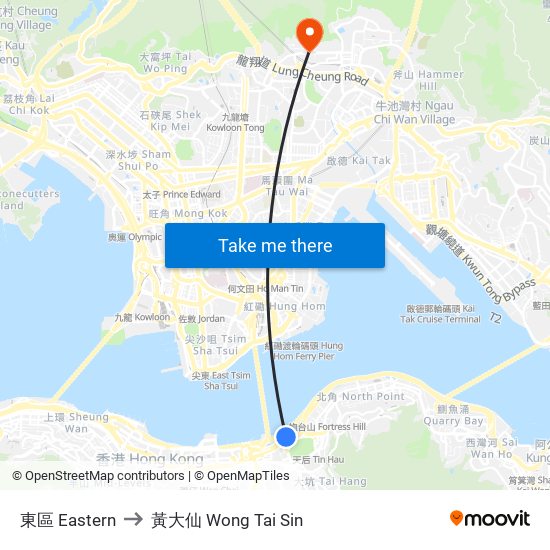 東區 Eastern to 黃大仙 Wong Tai Sin map