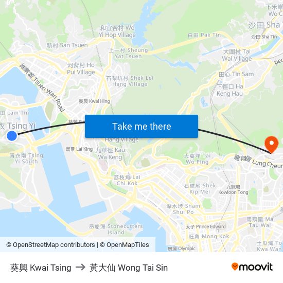 葵興 Kwai Tsing to 黃大仙 Wong Tai Sin map
