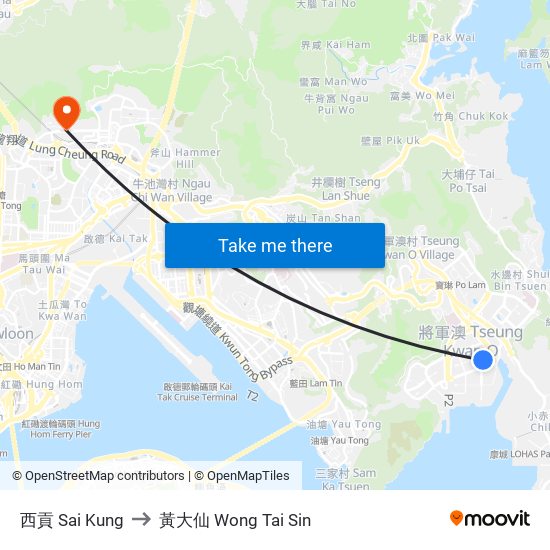 西貢 Sai Kung to 黃大仙 Wong Tai Sin map