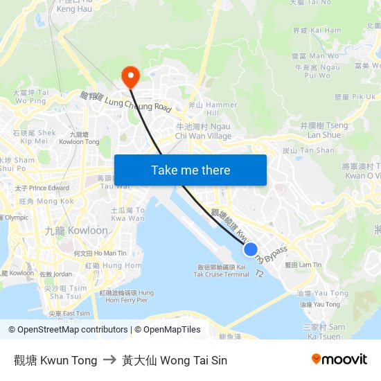 觀塘 Kwun Tong to 黃大仙 Wong Tai Sin map
