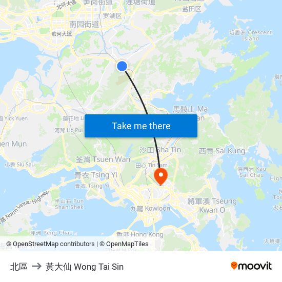 北區 to 黃大仙 Wong Tai Sin map