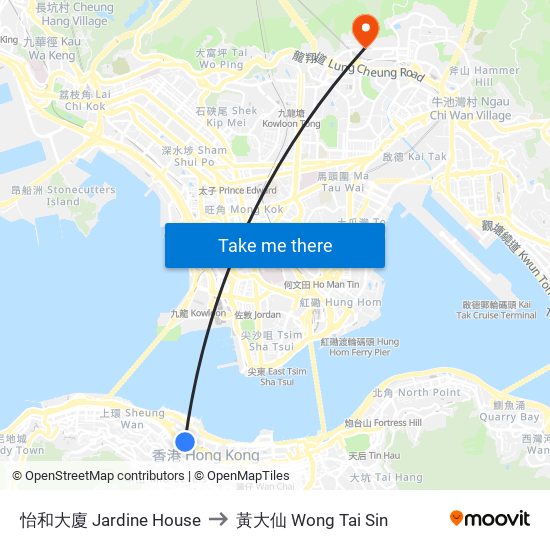 怡和大廈 Jardine House to 黃大仙 Wong Tai Sin map