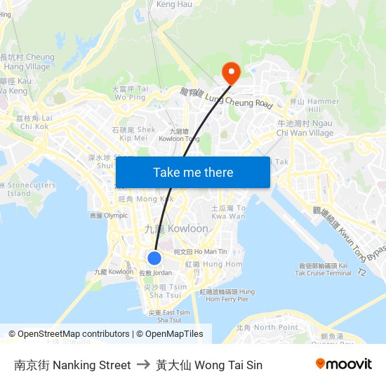 南京街 Nanking Street to 黃大仙 Wong Tai Sin map