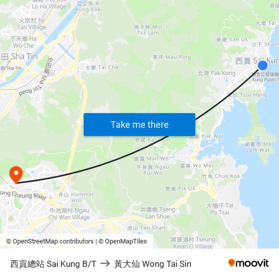 西貢總站 Sai Kung B/T to 黃大仙 Wong Tai Sin map