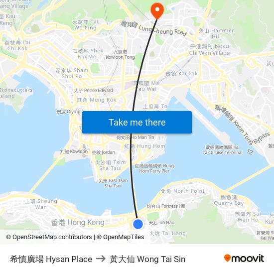 希慎廣場 Hysan Place to 黃大仙 Wong Tai Sin map