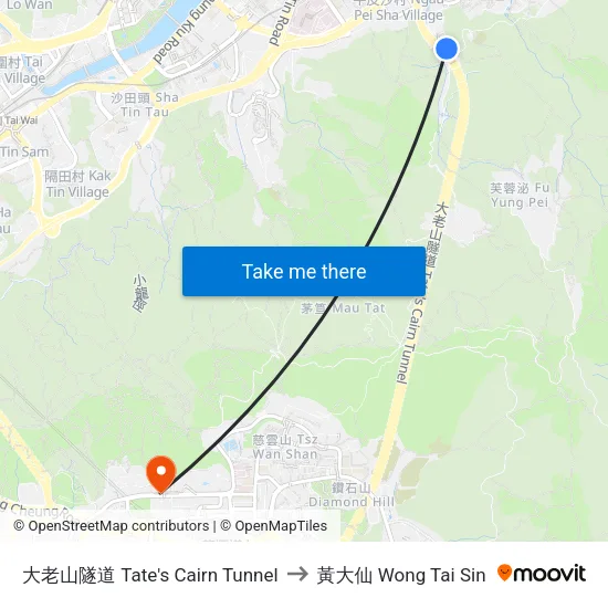 大老山隧道 Tate's Cairn Tunnel to 黃大仙 Wong Tai Sin map