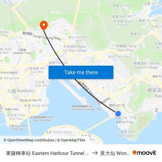 東隧轉車站 Eastern Harbour Tunnel Bus-Bus Interchange to 黃大仙 Wong Tai Sin map