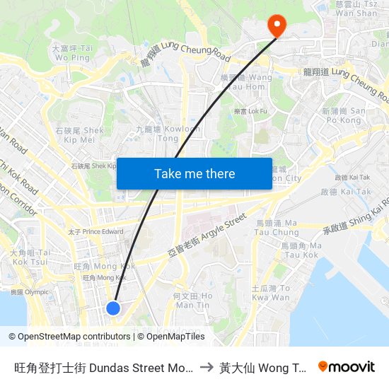 旺角登打士街 Dundas Street Mong Kok to 黃大仙 Wong Tai Sin map