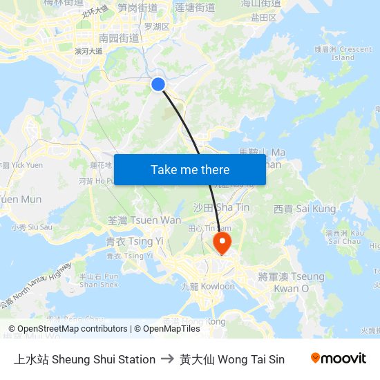 上水站 Sheung Shui Station to 黃大仙 Wong Tai Sin map