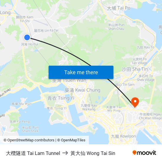 大欖隧道 Tai Lam Tunnel to 黃大仙 Wong Tai Sin map