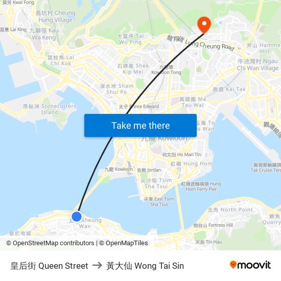 皇后街 Queen Street to 黃大仙 Wong Tai Sin map