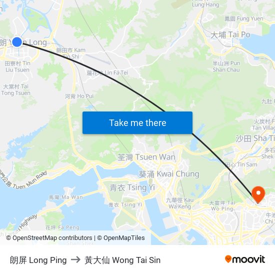 朗屏 Long Ping to 黃大仙 Wong Tai Sin map
