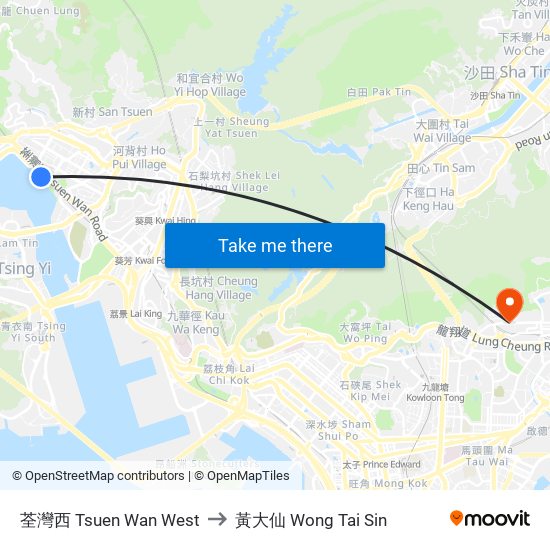荃灣西 Tsuen Wan West to 黃大仙 Wong Tai Sin map