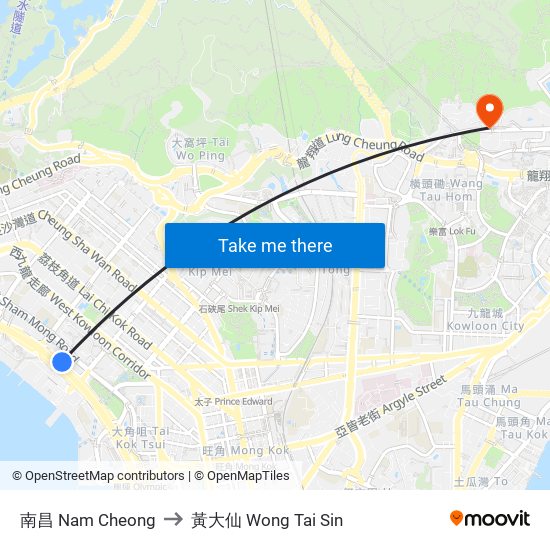 南昌 Nam Cheong to 黃大仙 Wong Tai Sin map