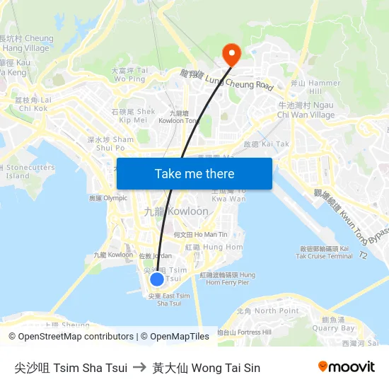 尖沙咀 Tsim Sha Tsui to 黃大仙 Wong Tai Sin map