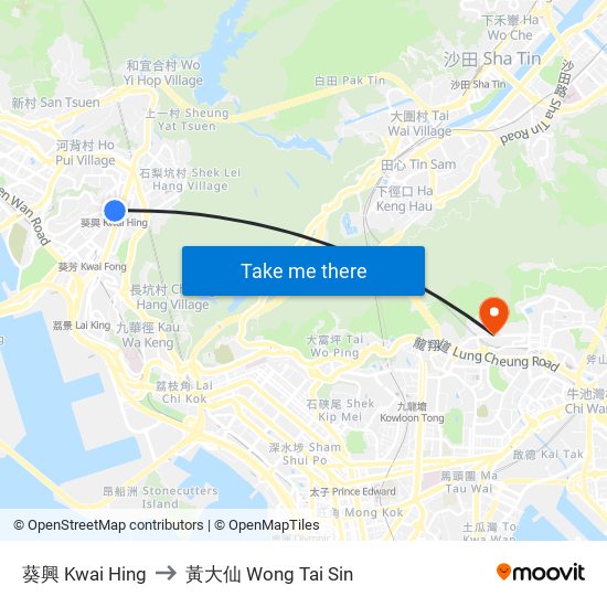 葵興 Kwai Hing to 黃大仙 Wong Tai Sin map