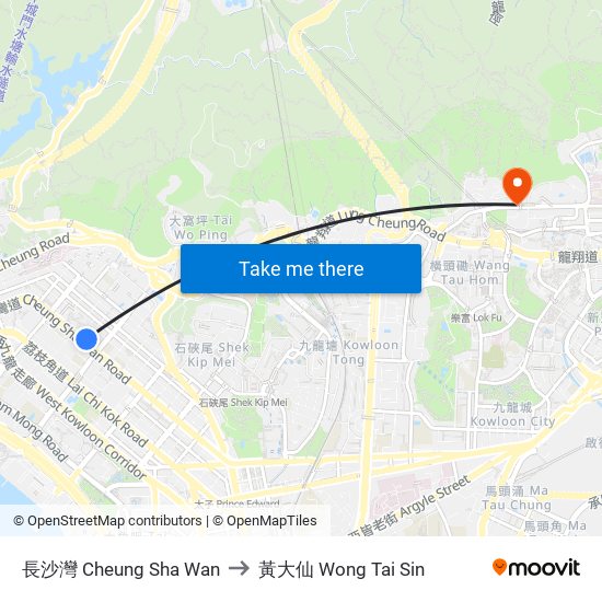 長沙灣 Cheung Sha Wan to 黃大仙 Wong Tai Sin map