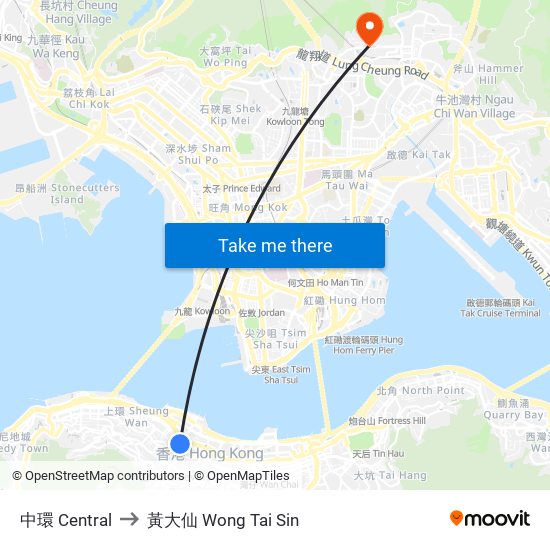 中環 Central to 黃大仙 Wong Tai Sin map