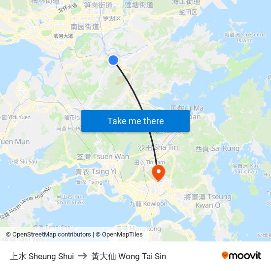 上水 Sheung Shui to 黃大仙 Wong Tai Sin map