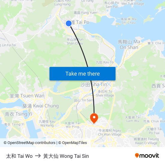 太和 Tai Wo to 黃大仙 Wong Tai Sin map