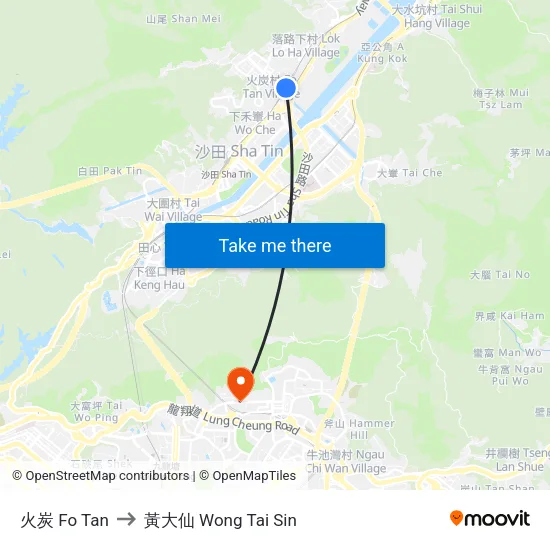 火炭 Fo Tan to 黃大仙 Wong Tai Sin map