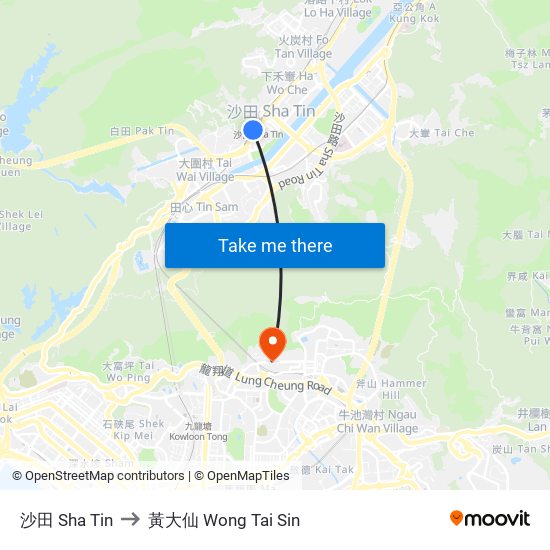 沙田 Sha Tin to 黃大仙 Wong Tai Sin map