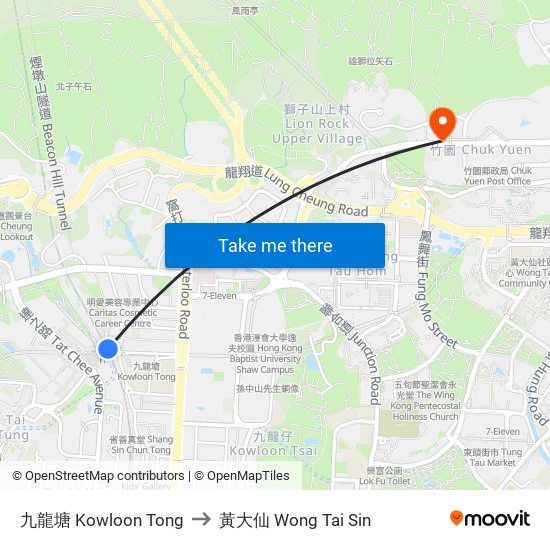 九龍塘 Kowloon Tong to 黃大仙 Wong Tai Sin map