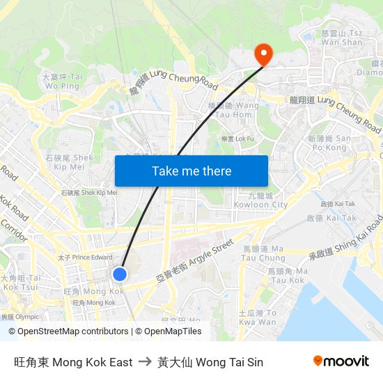 旺角東 Mong Kok East to 黃大仙 Wong Tai Sin map