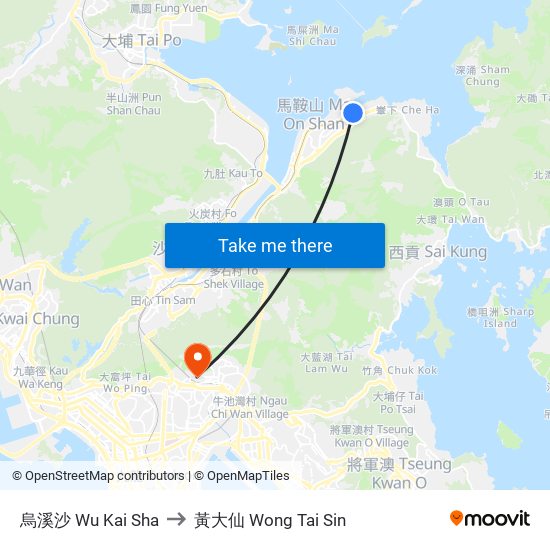 烏溪沙 Wu Kai Sha to 黃大仙 Wong Tai Sin map