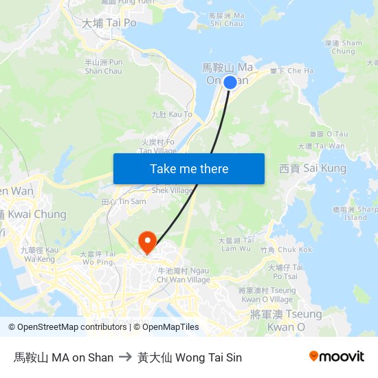 馬鞍山 MA on Shan to 黃大仙 Wong Tai Sin map