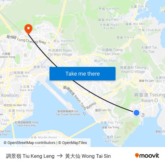 調景嶺 Tiu Keng Leng to 黃大仙 Wong Tai Sin map