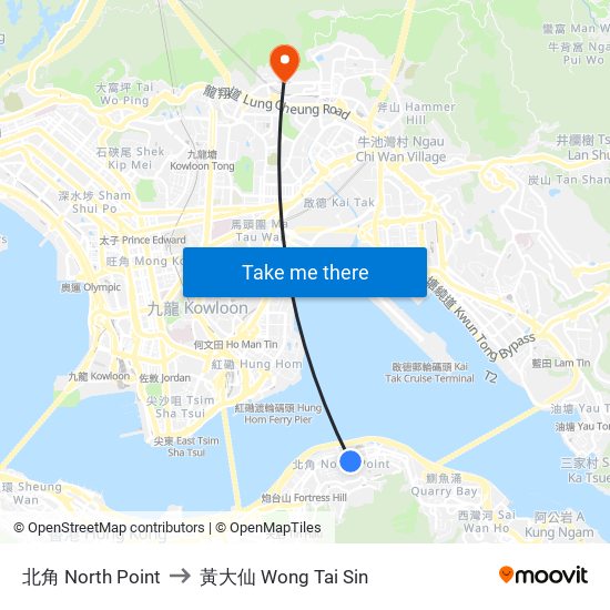 北角 North Point to 黃大仙 Wong Tai Sin map