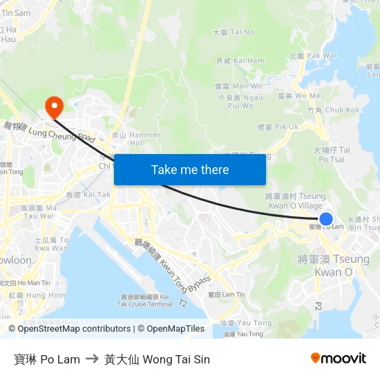 寶琳 Po Lam to 黃大仙 Wong Tai Sin map