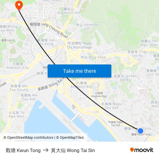 觀塘 Kwun Tong to 黃大仙 Wong Tai Sin map