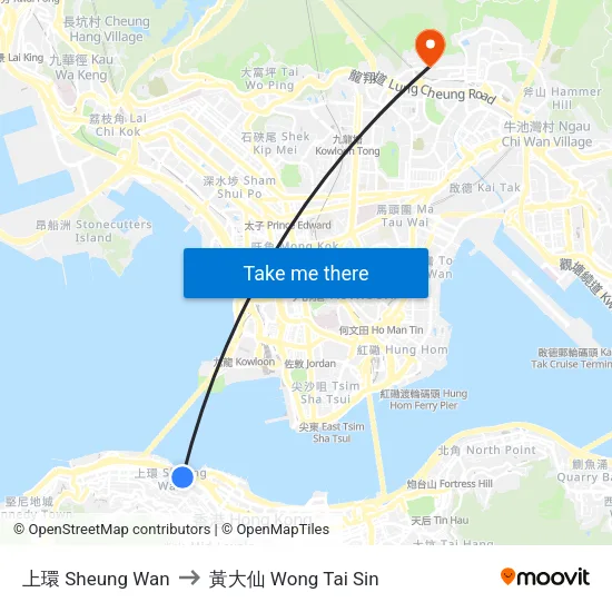 上環 Sheung Wan to 黃大仙 Wong Tai Sin map