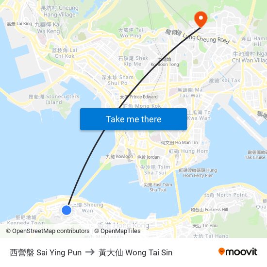 西營盤 Sai Ying Pun to 黃大仙 Wong Tai Sin map