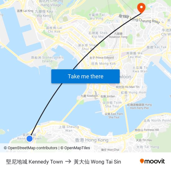 堅尼地城 Kennedy Town to 黃大仙 Wong Tai Sin map